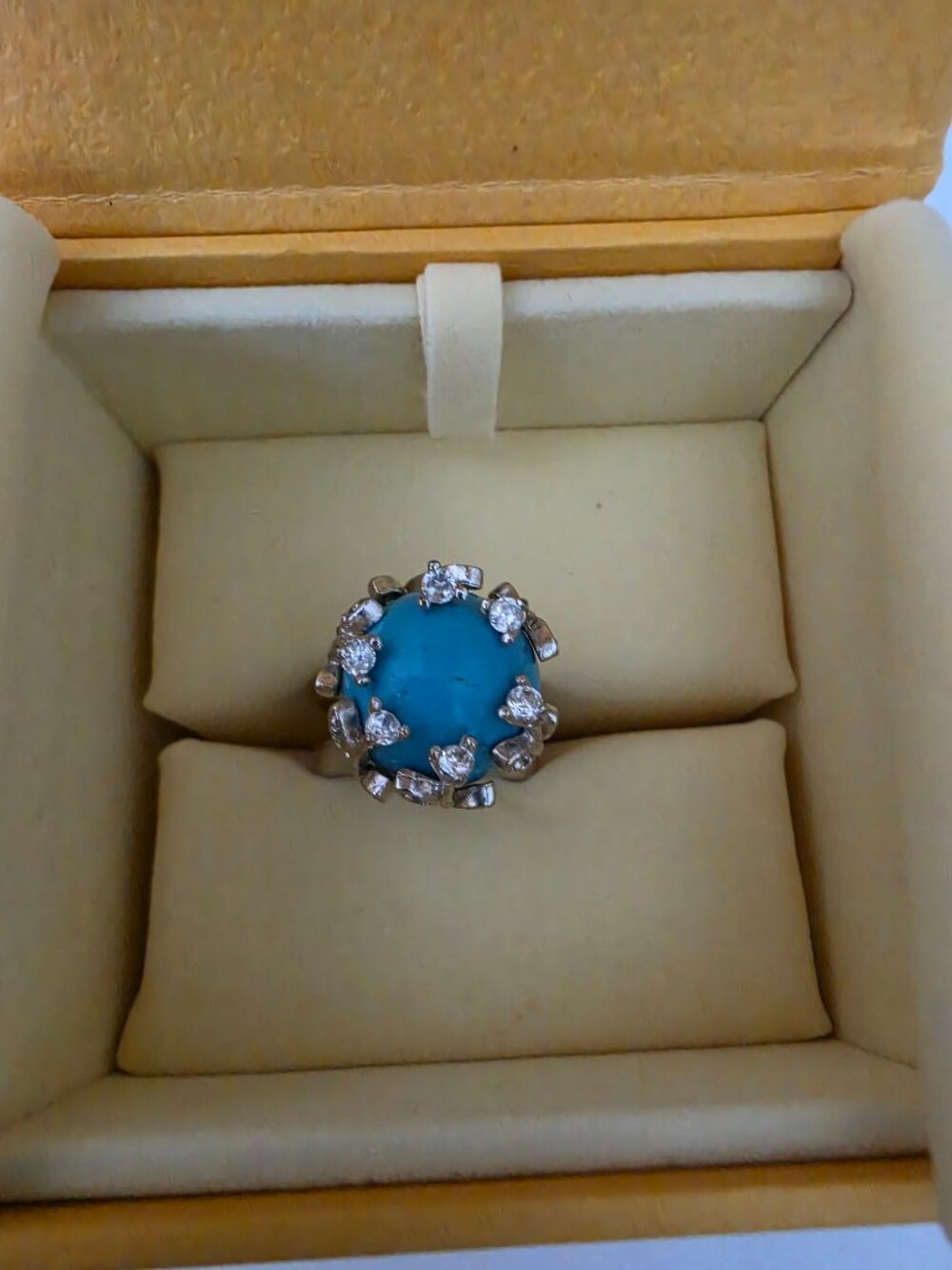 Vintage Silver Plated Turquoise & Diamond CZ Cluster Statement Ring. Size 6